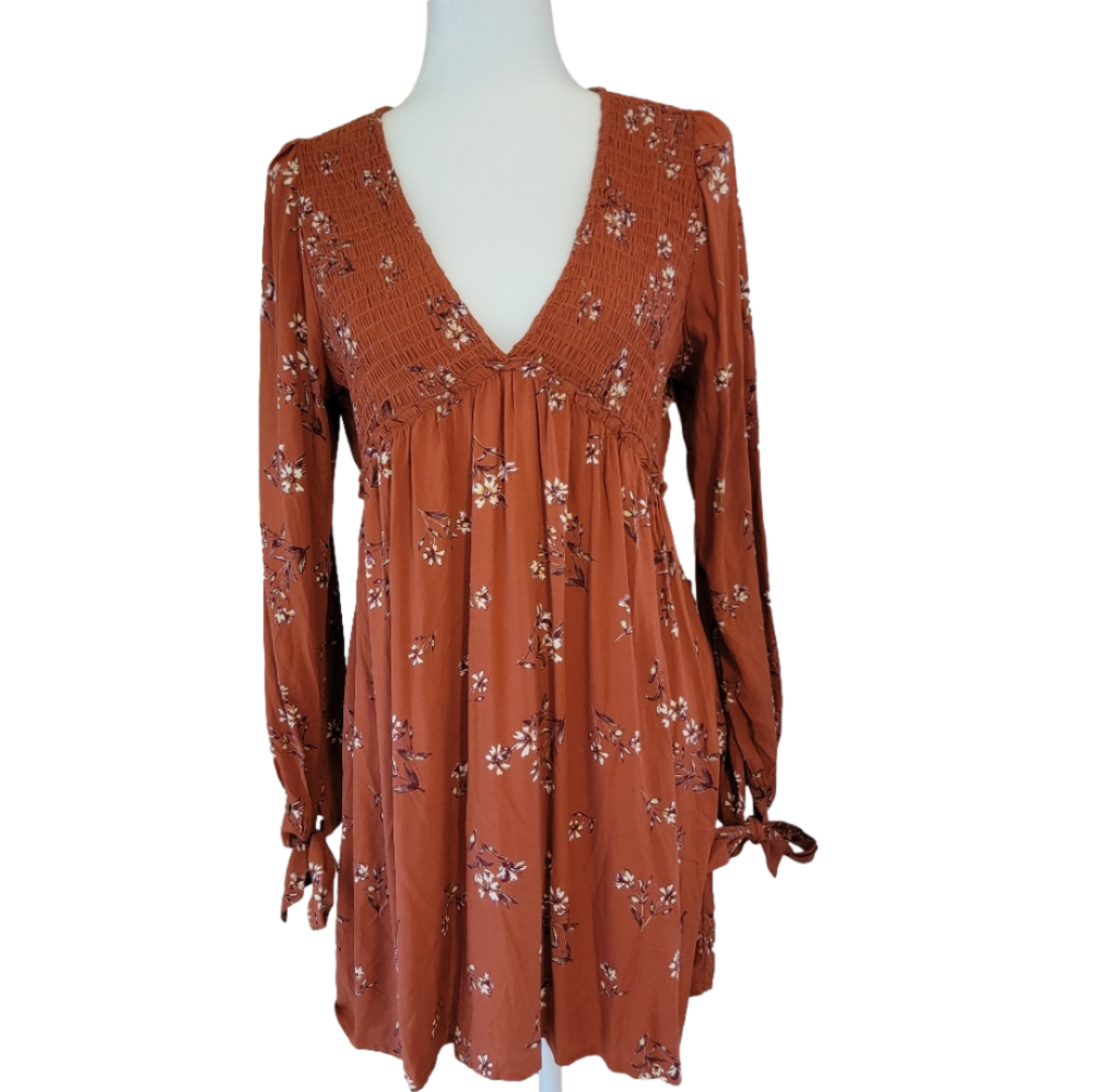 Wild Fable Burnt Orange V-Neck Bishop Sleeve Dress Size Medium NWT